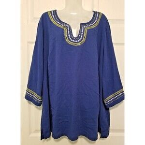 Denim & Co Women's Top Tunic Embroidered Design V-Neck 3/4 Sleeve Size 2X